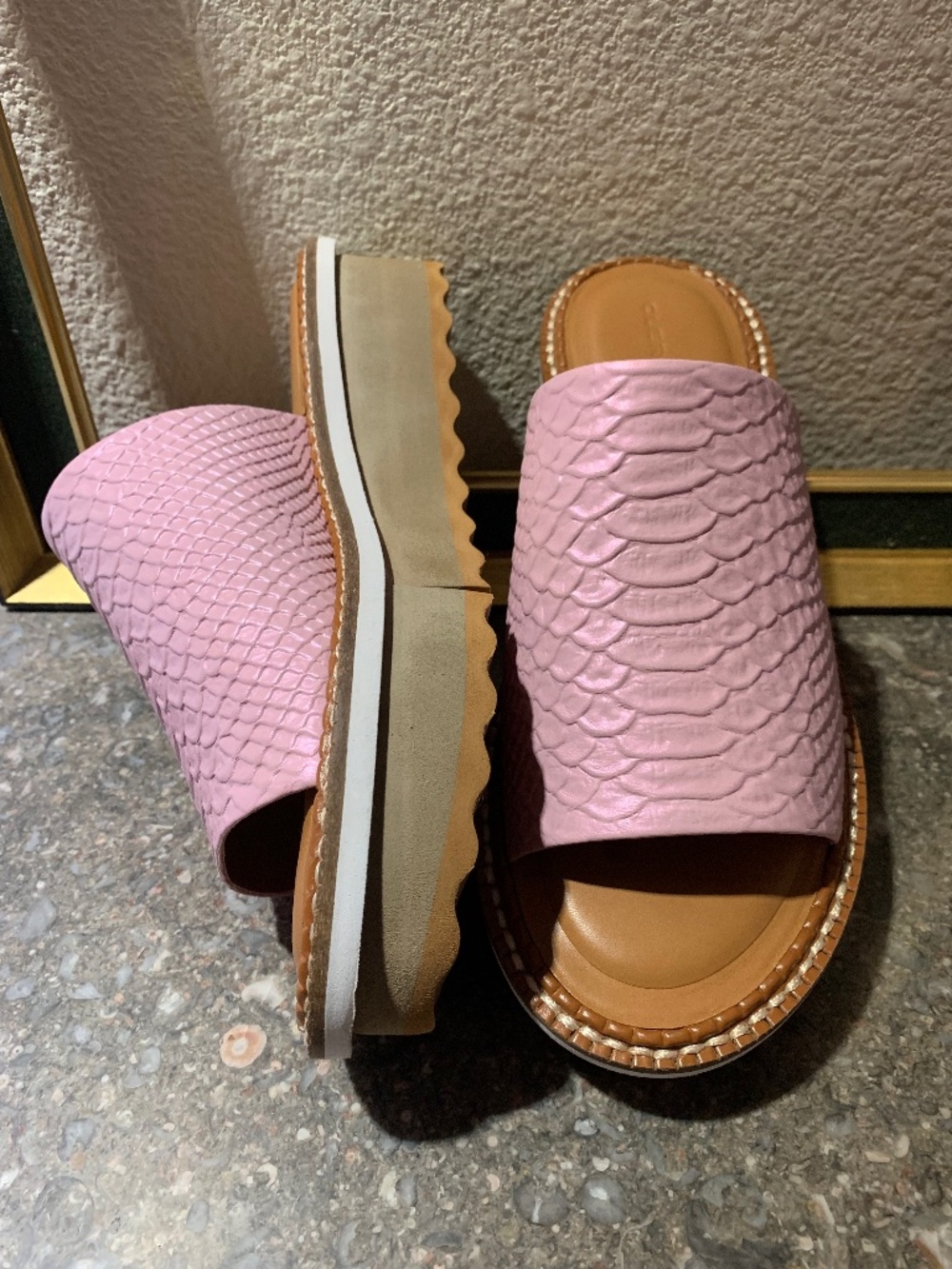 NIB Clergerie platform leather slides, USA SIZE 9.5, pink irredescent, sz 40.5